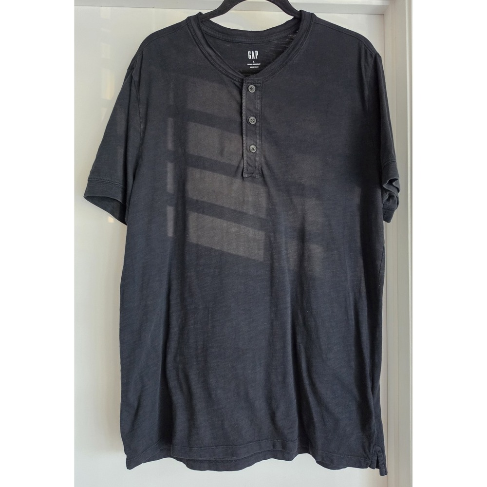 Gap Henley Shirt Men L Black 100% Cotton Short Sleeve Casual Button Tee Top